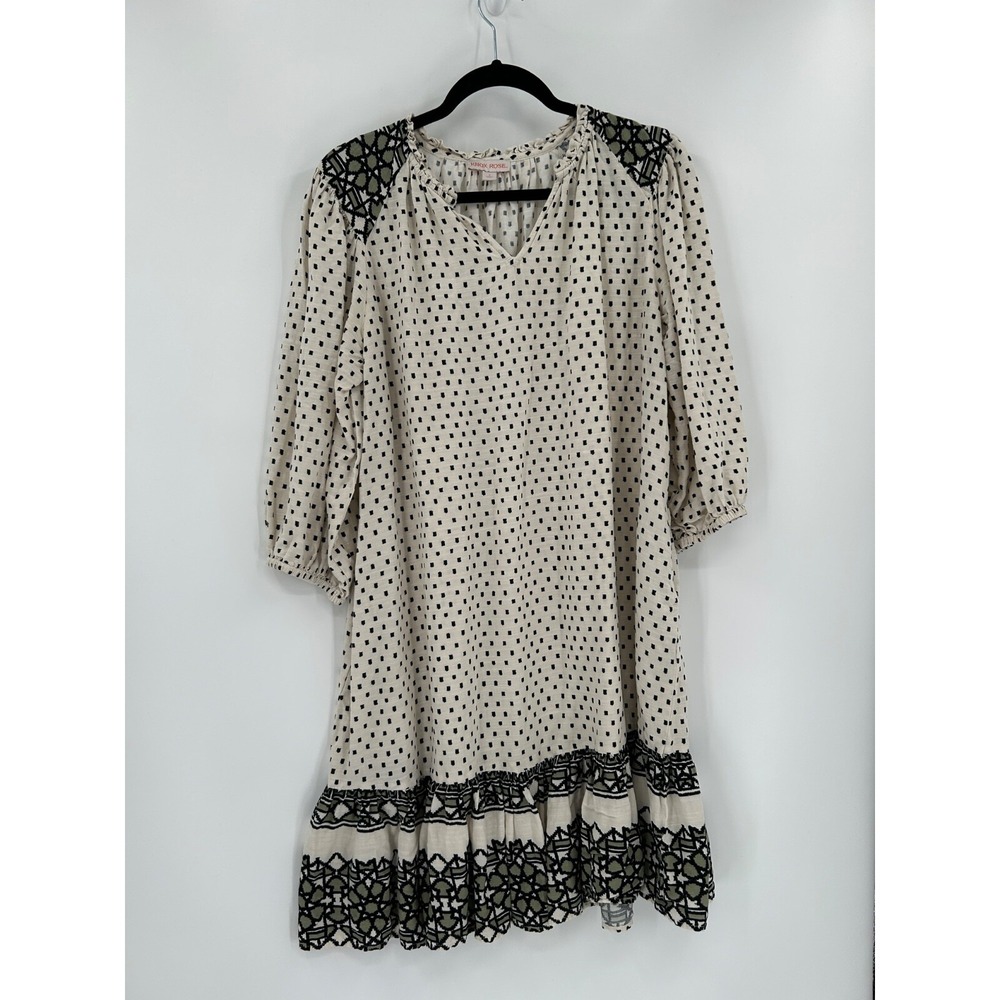 Knox Rose Womens Size S Cream Black Polka‎ Dot Dress Pockets V-Neck Ruffle Hem